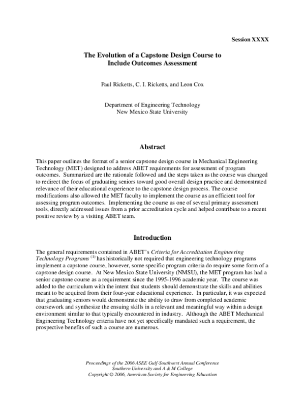 (PDF) The Evolution of a Capstone Design Course to Include Outcomes ...