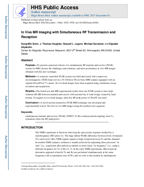 (PDF) In vivo MR imaging with simultaneous RF transmission and reception