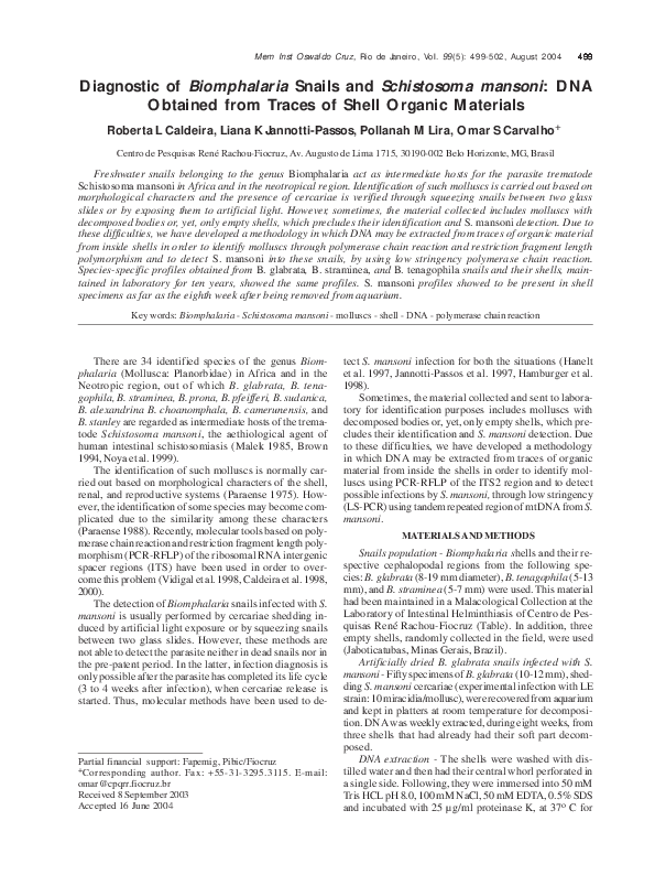 (PDF) Diagnostic of Biomphalaria snails and Schistosoma mansoni: DNA ...