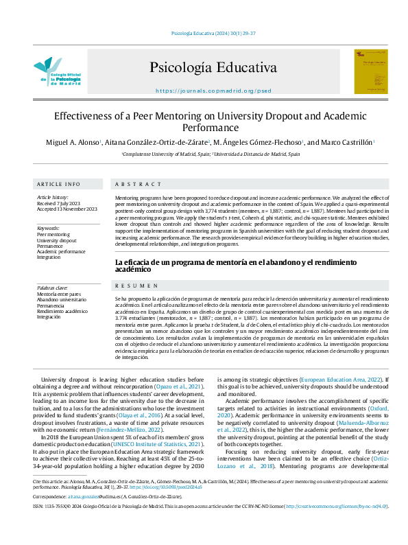 (PDF) Effectiveness of a Peer Mentoring on University Dropout and ...