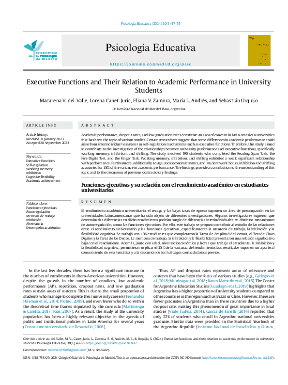 (PDF) Executive Functions and Their Relation to Academic Performance in ...
