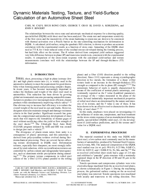 (PDF) Dynamic materials testing, texture, and yield-surface calculation ...