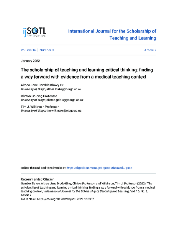 (PDF) The scholarship of teaching and learning critical thinking ...
