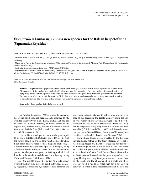 (PDF) Eryx jaculus (Linnaeus, 1758): a new species for the Italian ...