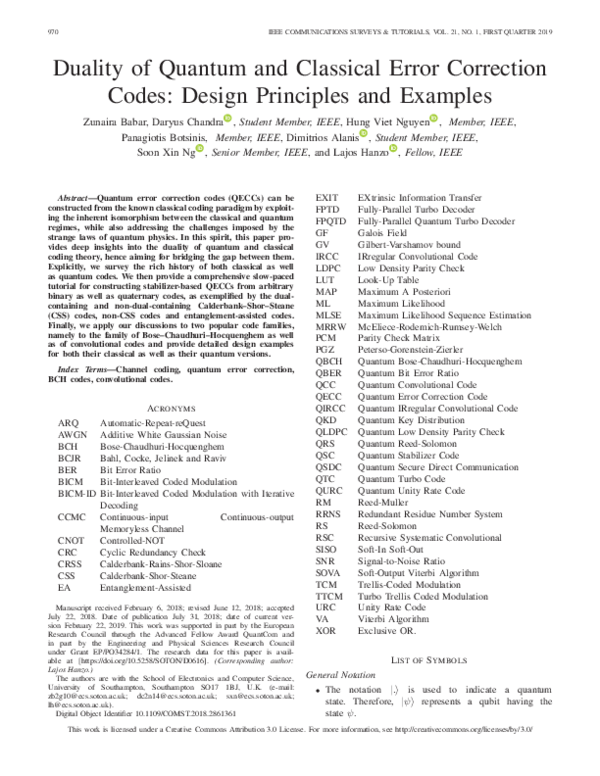 (PDF) Duality of Quantum and Classical Error Correction Codes: Design ...