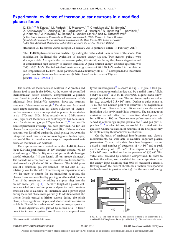 (PDF) Experimental evidence of thermonuclear neutrons in a modified ...
