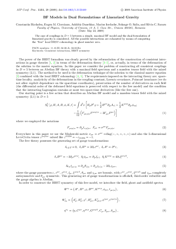 (PDF) BF models in dual formulations of linearized gravity
