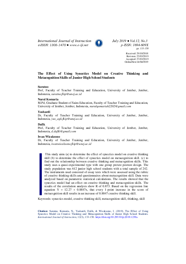 (PDF) The Effect of Using Synectics Model on Creative Thinking and ...