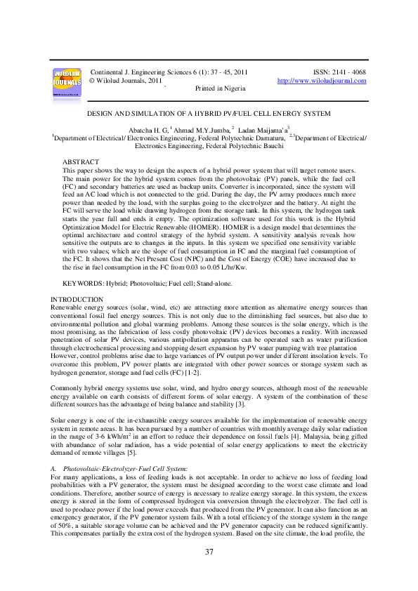 (PDF) Design And Simulation Of A Hybrid Pv/Fuel Cell Energy System