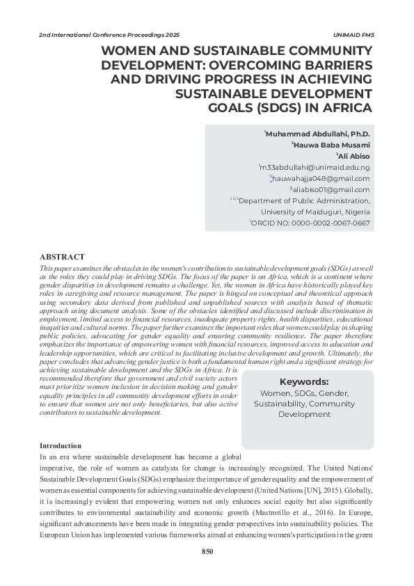 (PDF) WOMEN AND SUSTAINABLE COMMUNITY DEVELOPMENT: OVERCOMING BARRIERS ...