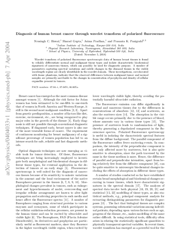 (PDF) Diagnosis of human breast cancer through wavelet transform of ...