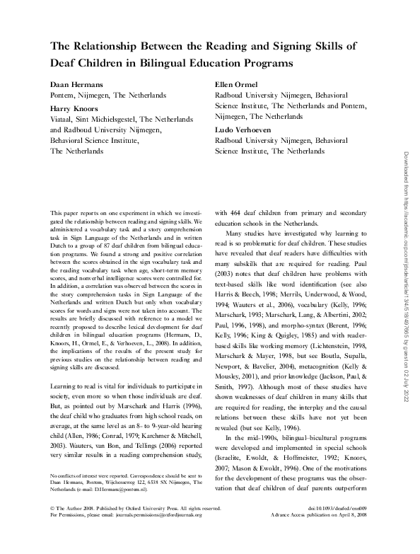 (PDF) The Relationship Between the Reading and Signing Skills of Deaf ...