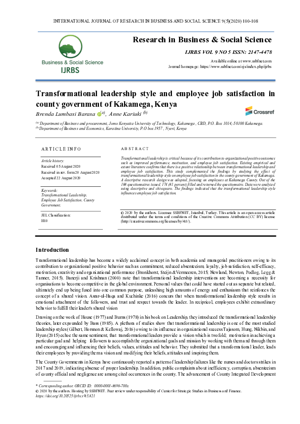 (PDF) Transformation leadership style and employee job satisfaction in ...