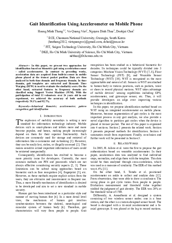 (PDF) Gait identification using accelerometer on mobile phone