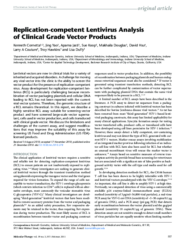 (PDF) Replication-competent Lentivirus Analysis of Clinical Grade ...