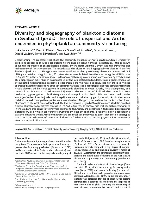 (PDF) Diversity and biogeography of planktonic diatoms in Svalbard ...