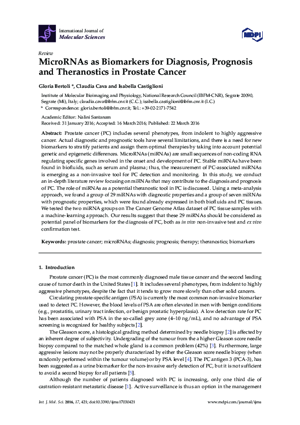 (PDF) MicroRNAs as Biomarkers for Diagnosis, Prognosis and Theranostics ...