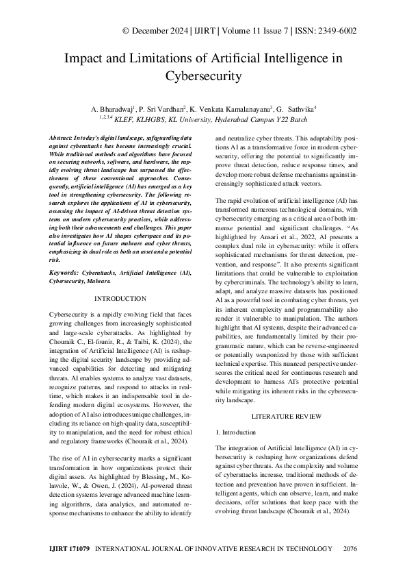 (PDF) Impact and Limitations of Artificial Intelligence in Cybersecurity