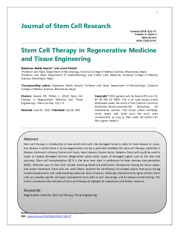 (PDF) Stem Cell Therapy In Regenerative Medicine And Tissue Engineering