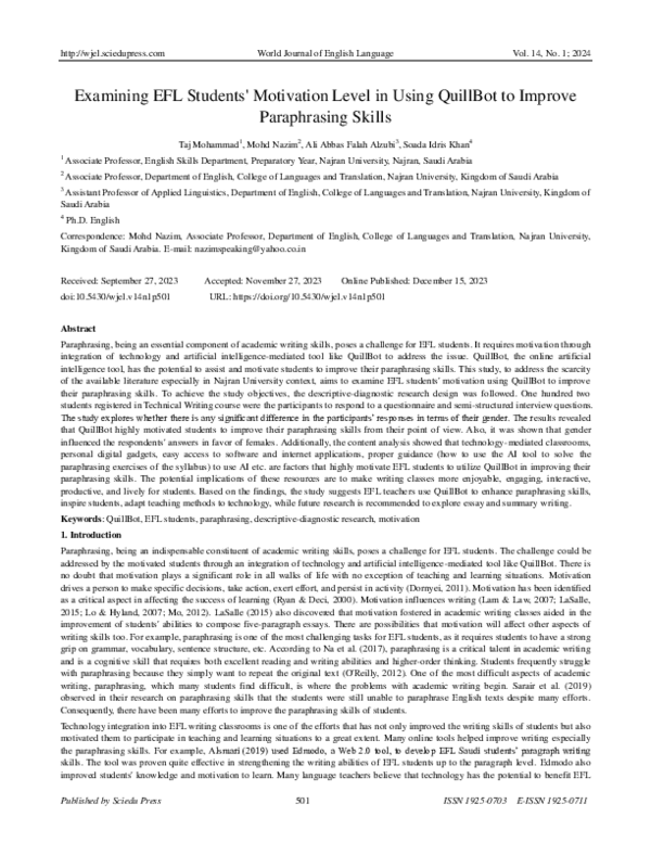 (PDF) Examining EFL Students' Motivation Level in Using QuillBot to ...