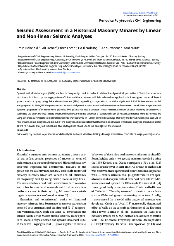 (PDF) Seismic Assessment in a Historical Masonry Minaret by Linear and ...