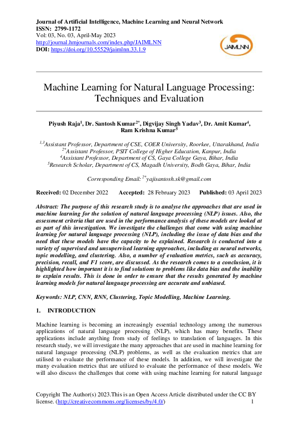 (PDF) Machine Learning for Natural Language Processing: Techniques and ...