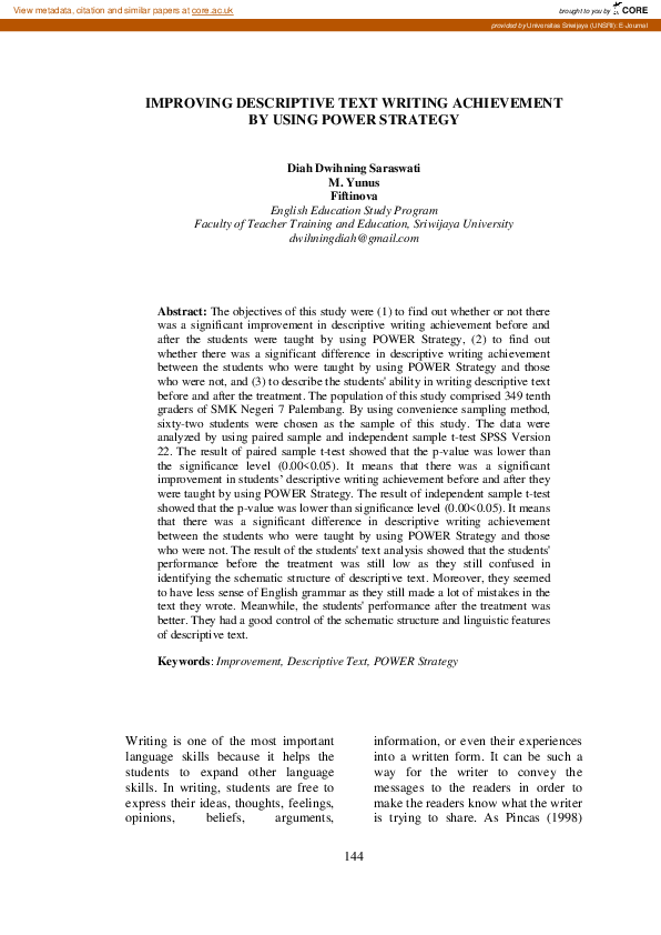 (PDF) Improving Descriptive Text Writing Achievement by Using POWER ...