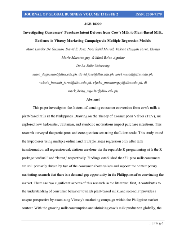 (PDF) Investigating Consumers' Purchase Intent Drivers from Cow's Milk ...