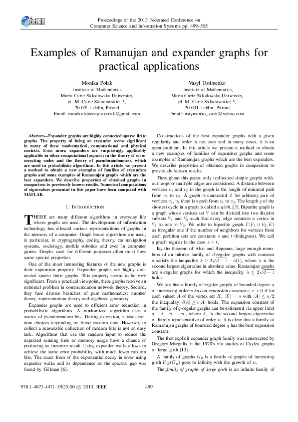 (PDF) Examples of Ramanujan and expander graphs for practical applications