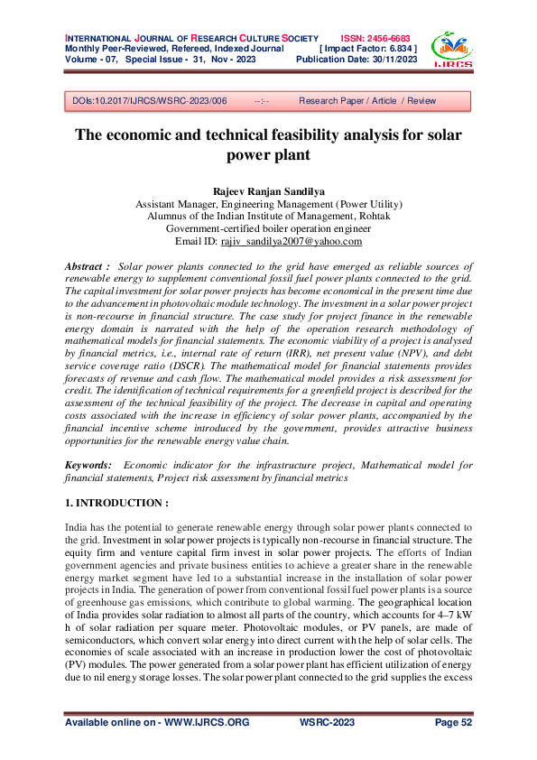 (PDF) The economic and technical feasibility analysis for solar power plant