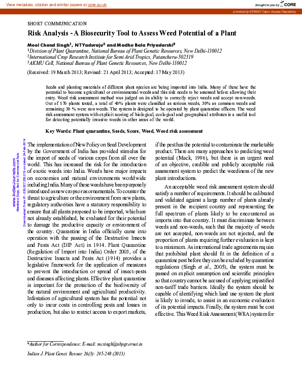 (PDF) Risk Analysis - A Biosecurity Tool to Assess Weed Potential of a ...