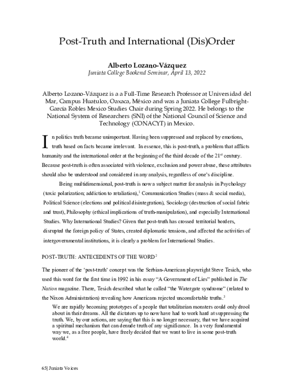 (PDF) Post-Truth and International (Dis)Order