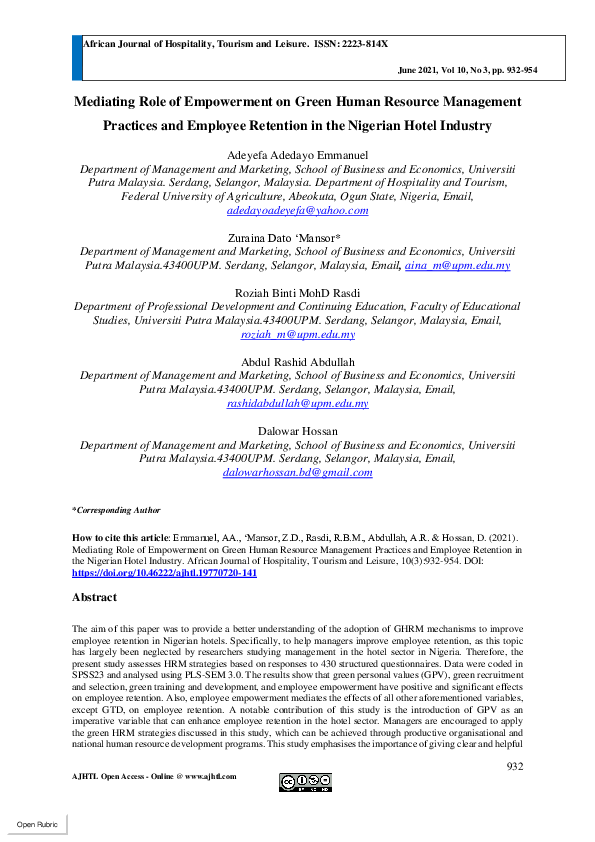 (PDF) Mediating Role of Empowerment on Green Human Resource Management ...