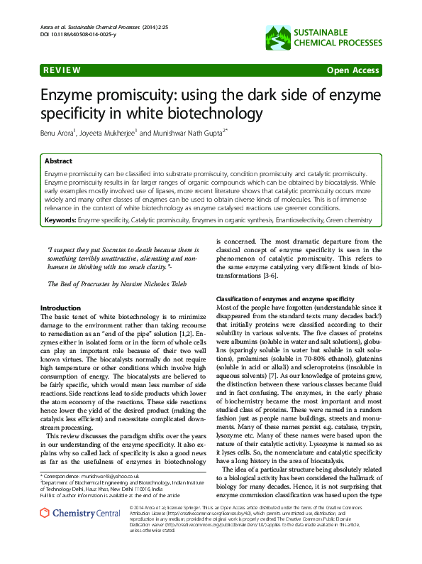 (PDF) Enzyme promiscuity: using the dark side of enzyme specificity in ...