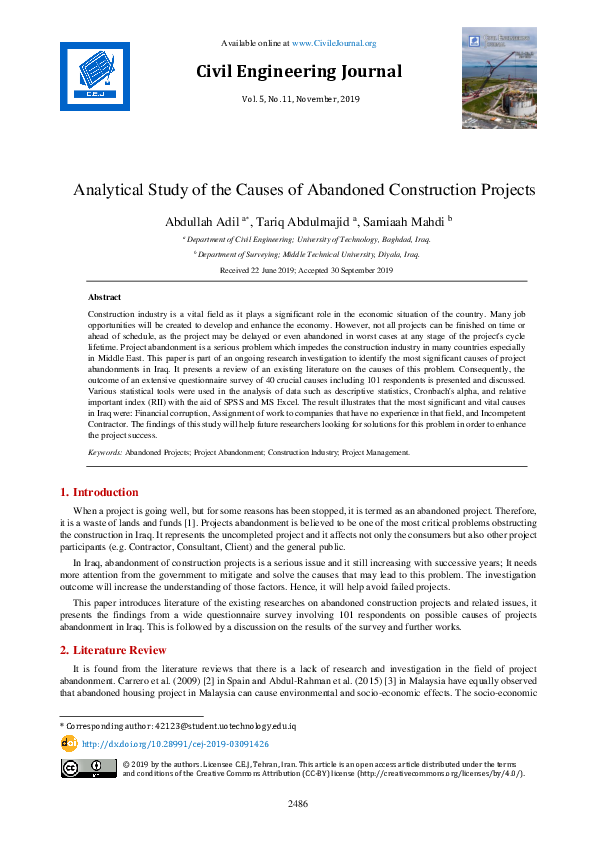 (PDF) Analytical Study of the Causes of Abandoned Construction Projects