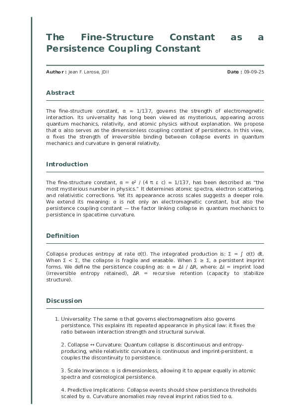 (PDF) The Fine-Structure Constant as a Persistence Coupling Constant