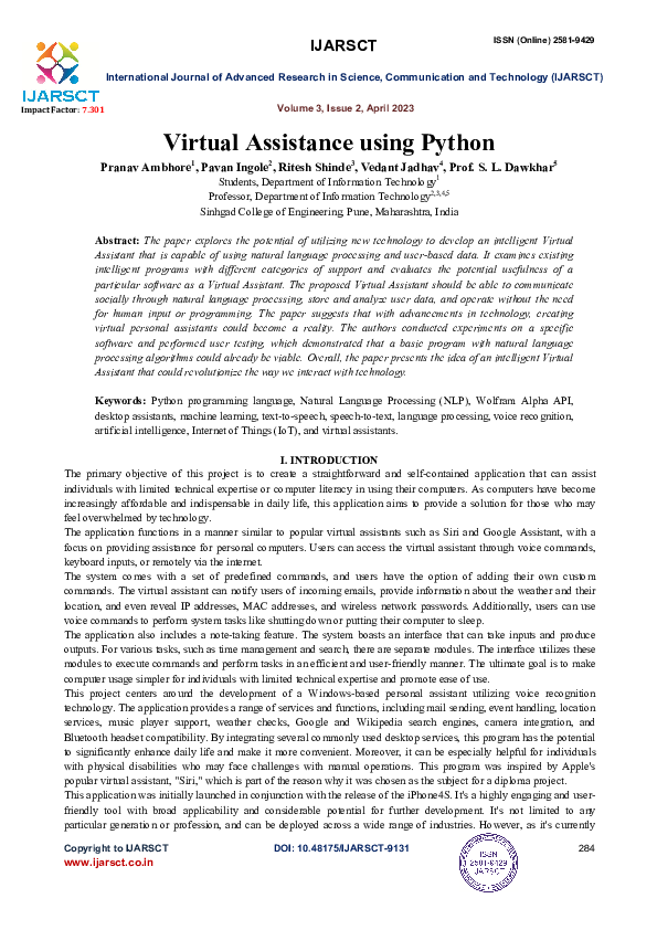 (PDF) Virtual Assistance using Python