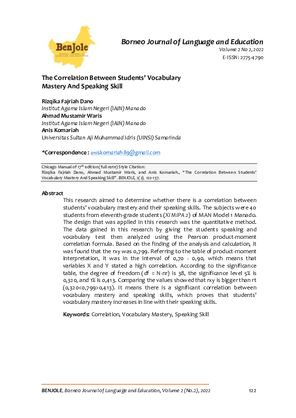 (PDF) The Correlation Between Students’ Vocabulary Mastery And Speaking ...
