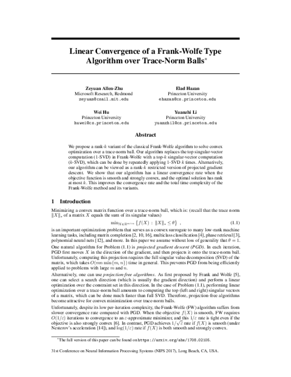(PDF) Linear Convergence of a Frank-Wolfe Type Algorithm over Trace ...