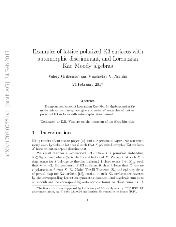(PDF) Examples of lattice-polarized K3 surfaces with automorphic ...