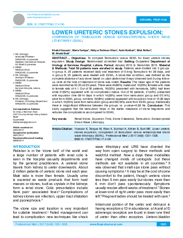 (PDF) Lower Ureteric Stones Expulsion; Comparison of Tamsulosin Versus ...