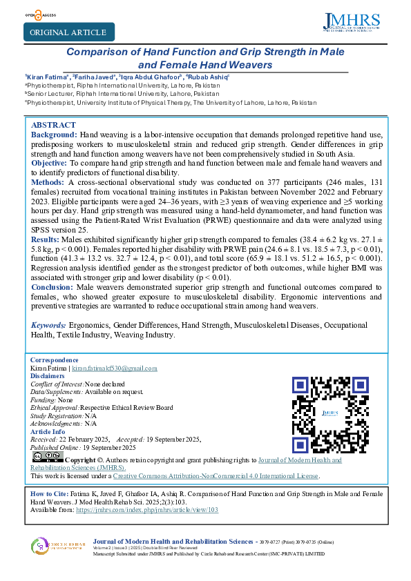 (PDF) Comparison of Hand Function and Grip Strength in Male and Female ...