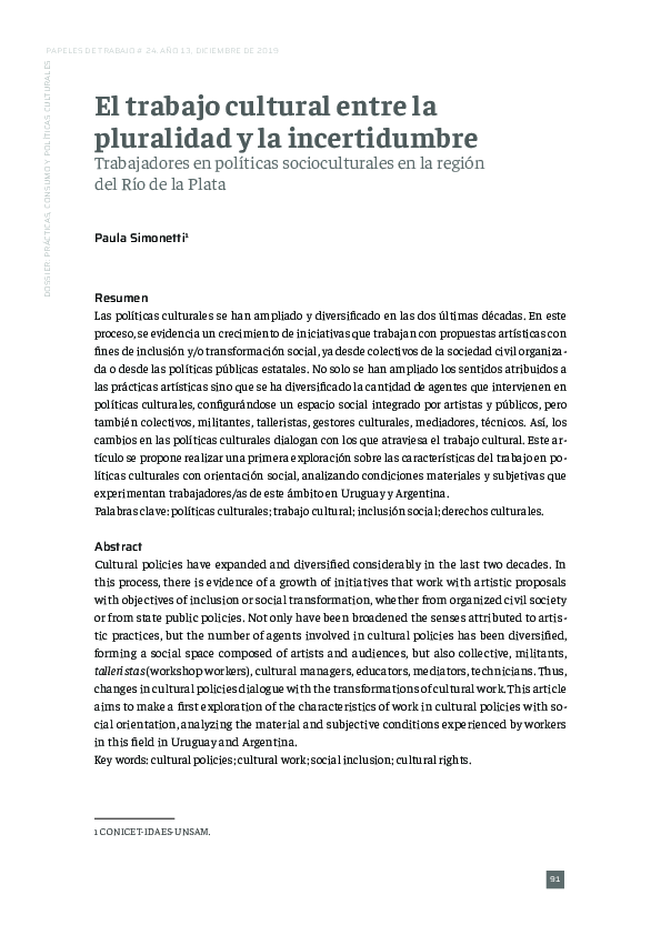 (PDF) El trabajo cultural entre la pluralidad y la incertidumbre ...