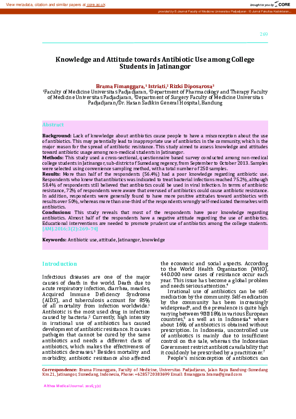 (PDF) Knowledge and Attitude towards Antibiotic Use among College ...