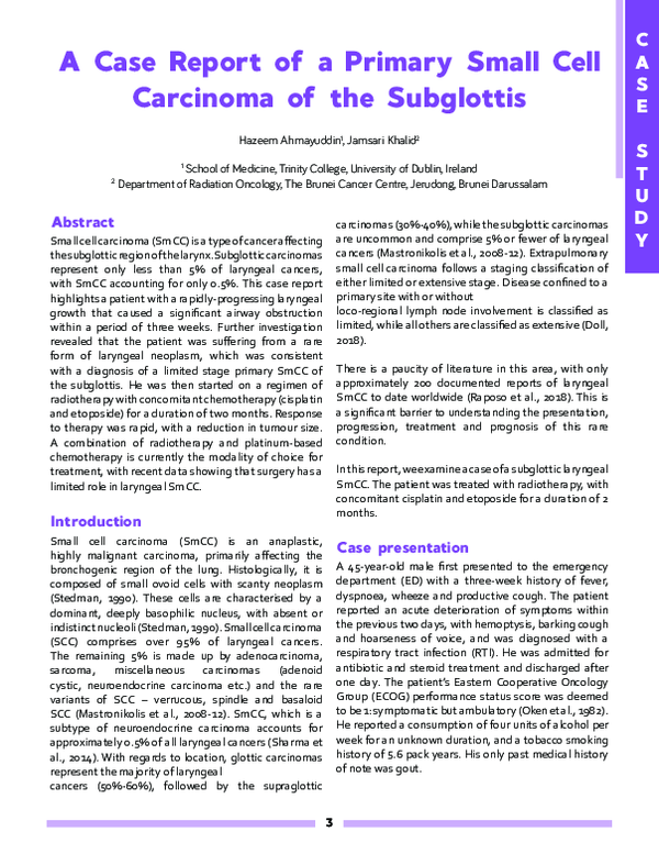 (PDF) A Case Report of a Primary Small Cell Carcinoma of the Subglottis