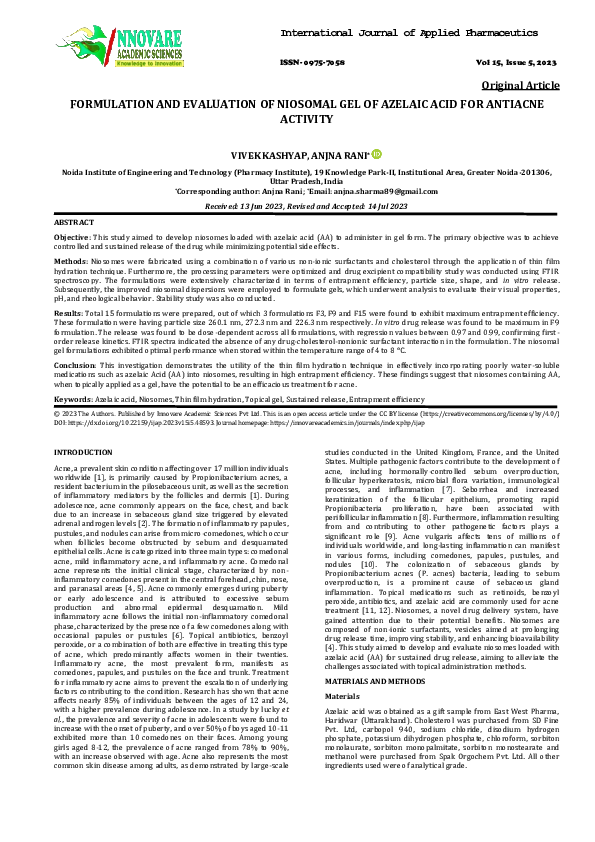 (PDF) Formulation and Evaluation of Niosomal Gel of Azelaic Acid for ...