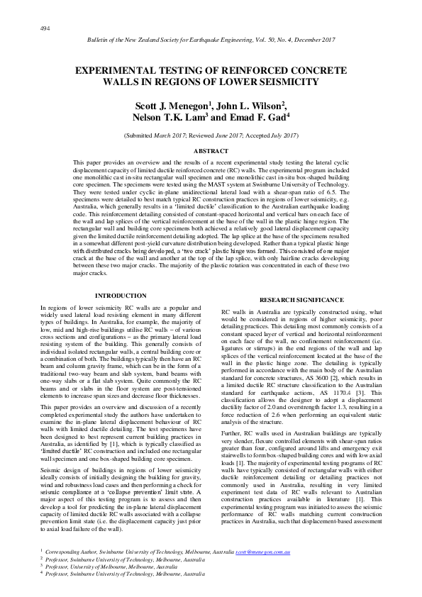 (PDF) Experimental testing of reinforced concrete walls in regions of ...