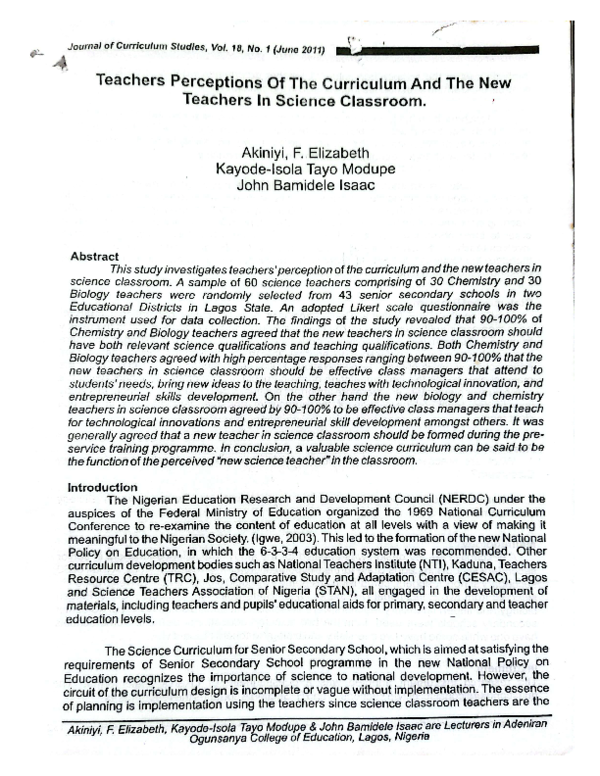 (PDF) Teachers Perceptions of the Curriculum And The New Teachers In ...