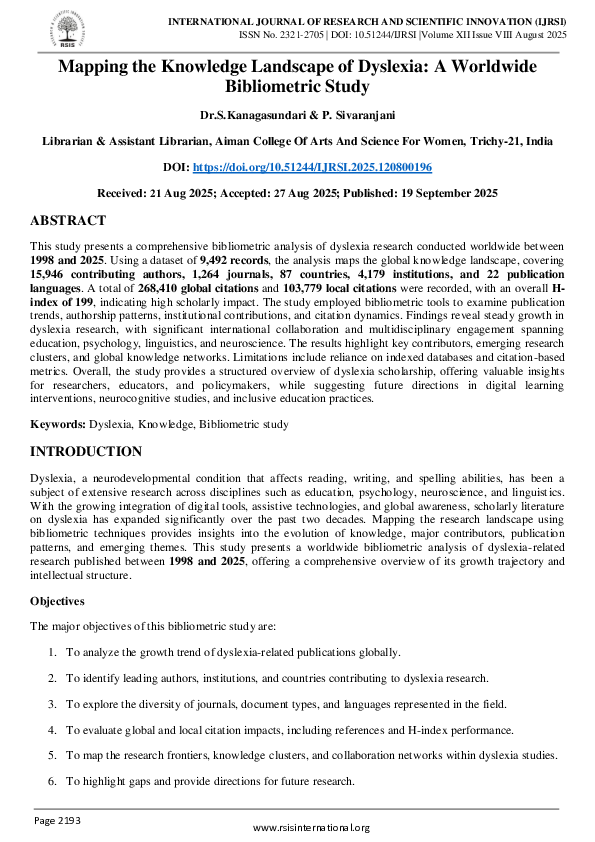 (PDF) Mapping the Knowledge Landscape of Dyslexia: A Worldwide ...