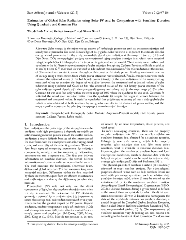 (PDF) Estimation of Global Solar Radiation using Solar PV and Its ...